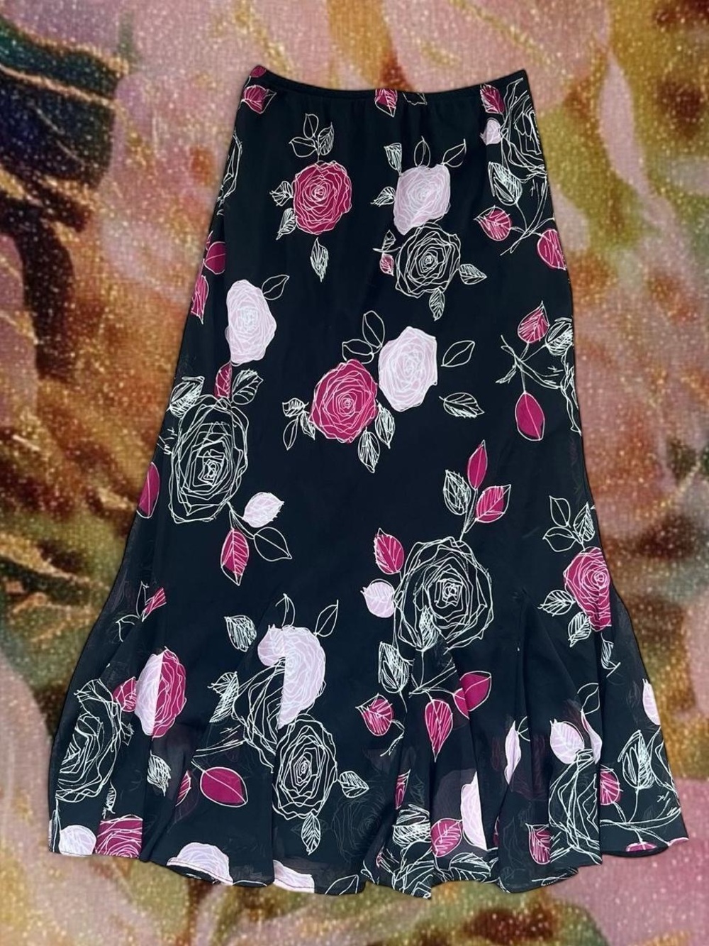 R&M Richards Black Maxi Skirt with Pink Rose Print